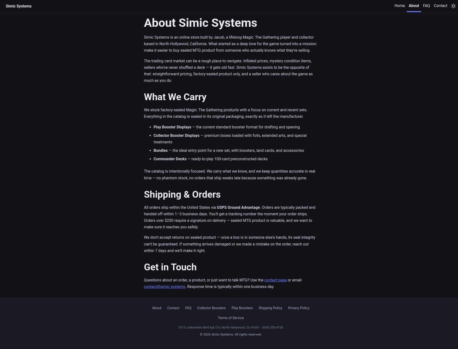Simic Systems about page describing the store and what it carries